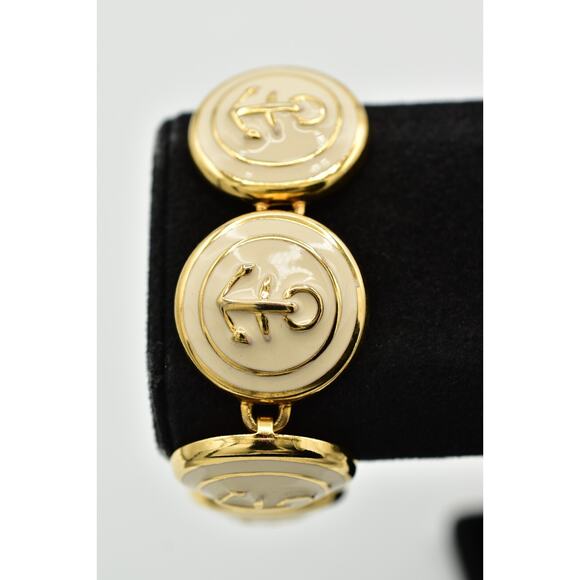 Vintage Anchor Linked Bracelet Chunky Off White Nautical Gold Tone 1990s BinAW - Picture 1 of 12